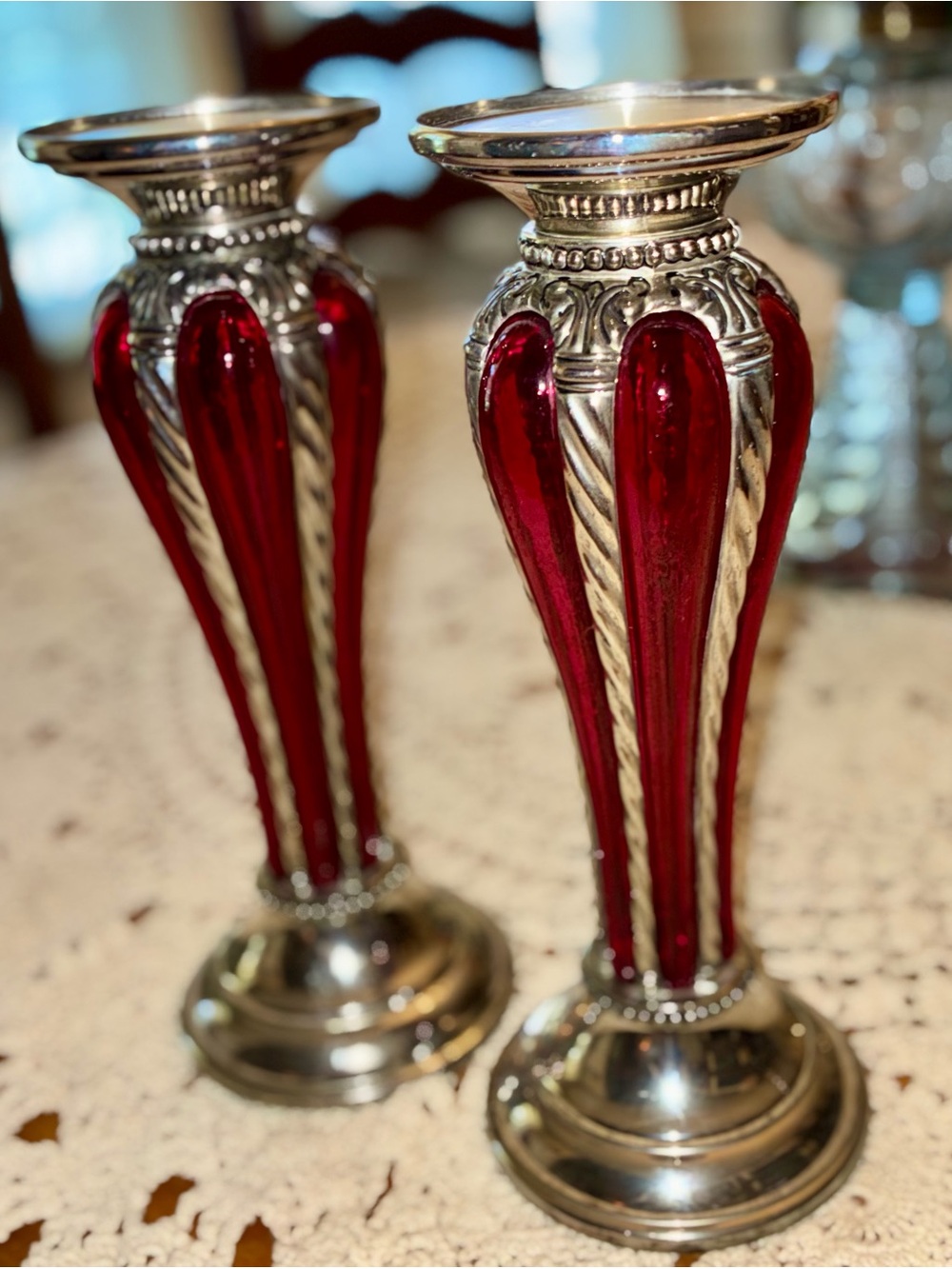 Vintage MCM Bubble Glass Decorative Red Glass and Silver Candle Holders - Pair - Picture 2 of 11